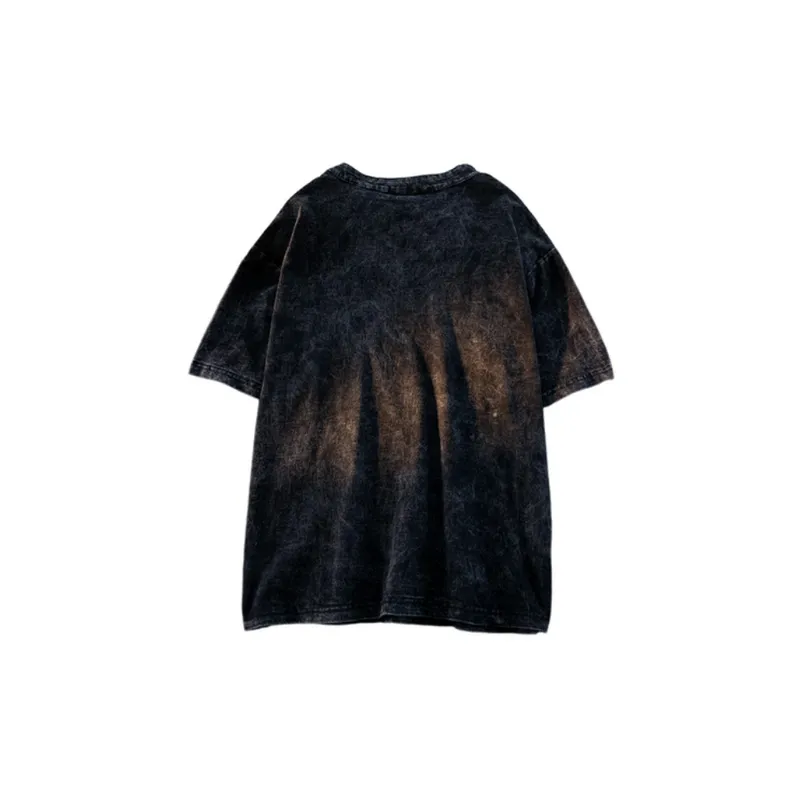 Casual Hip hop Loose Embroidered Washed Crewneck Half sleeve T shirt-1