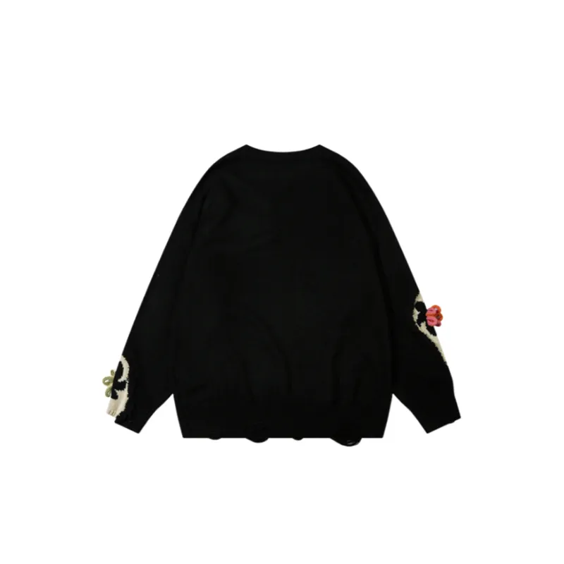 Tide High Street Lazy Style Small Flower Rip Knit Sweater-3
