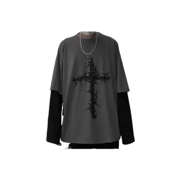 Dark Hip Hop Printed Fake Two Piece Long Sleeved T Shirt