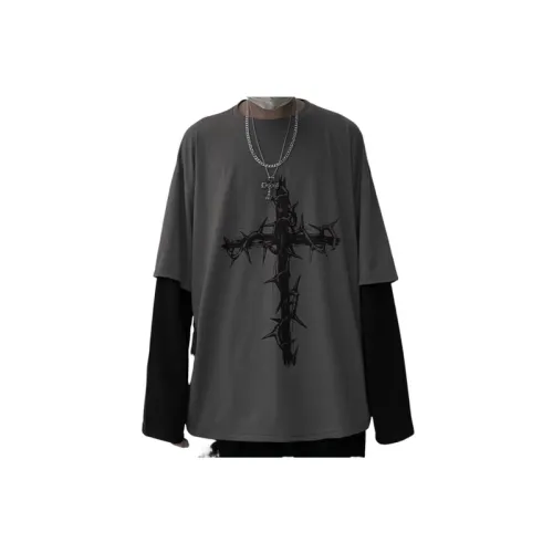 Dark Hip Hop Printed Fake Two Piece Long Sleeved T Shirt