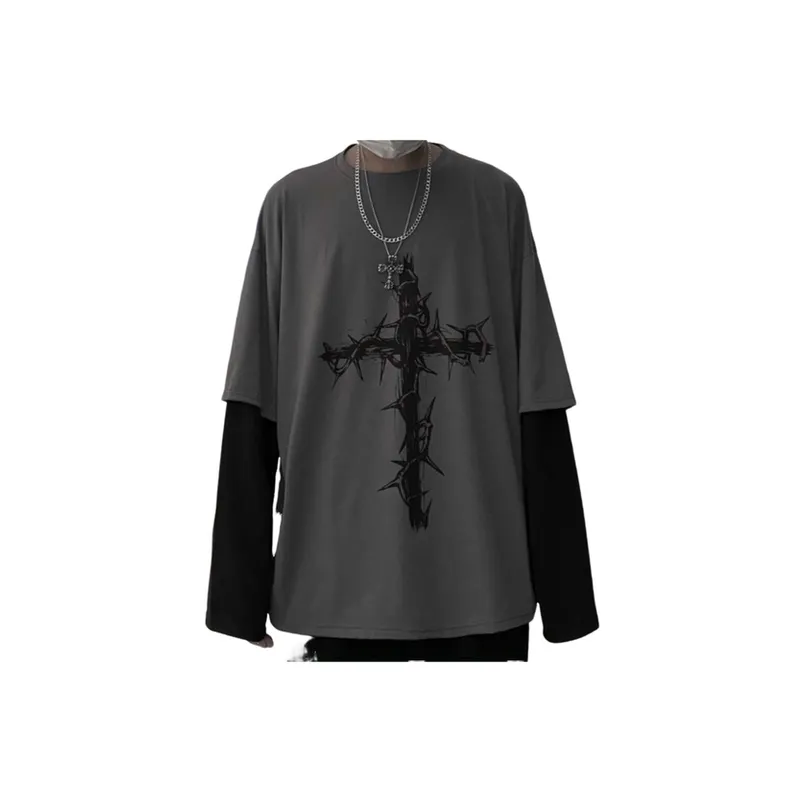 Dark Hip Hop Printed Fake Two Piece Long Sleeved T Shirt-0