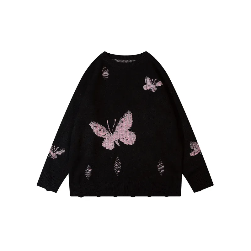 New Arrival Trendy Brand Full Face Butterfly Ripped Round Neck Lazy Loose Top-0