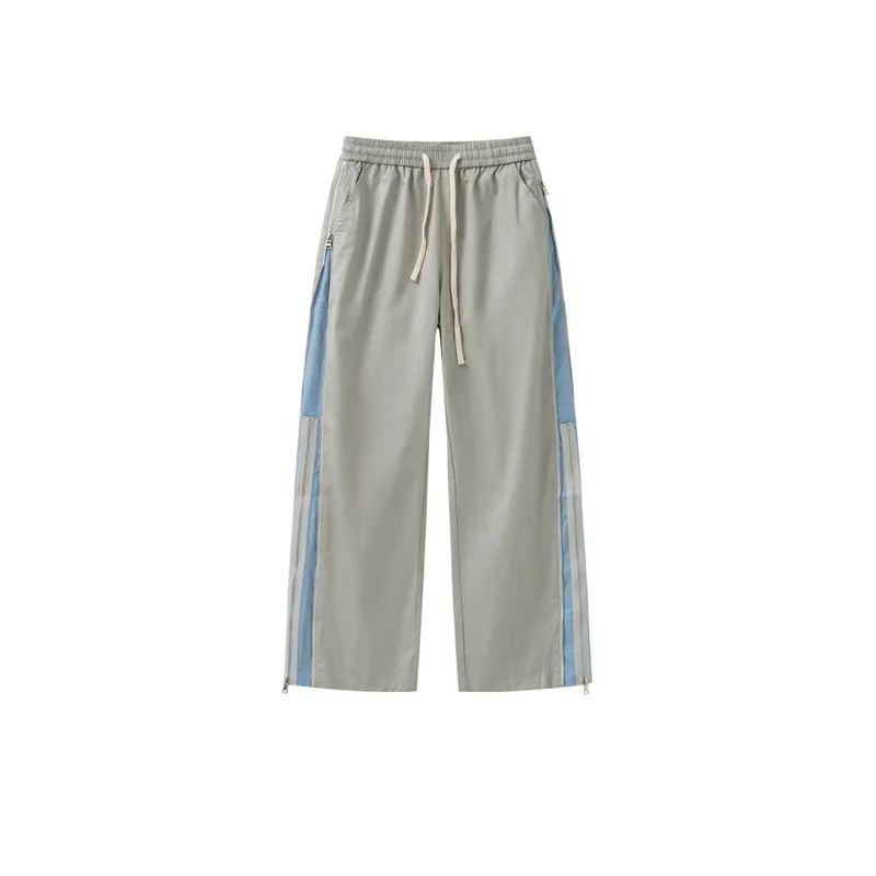 High Street Double Layer Zipper Contrast Color Wide Leg Straight Pants-0