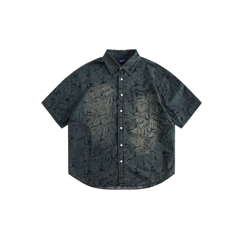 Loose Half Sleeved Retro Full Print Denim Shirt