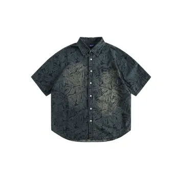 Loose Half Sleeved Retro Full Print Denim Shirt