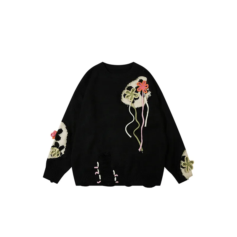Tide High Street Lazy Style Small Flower Rip Knit Sweater-2