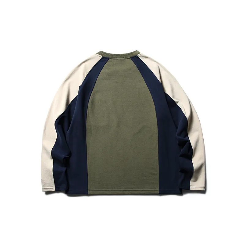 Retro Contrast Color Splicing Multi Pocket Crewneck Long Sleeve Sweatshirt-5