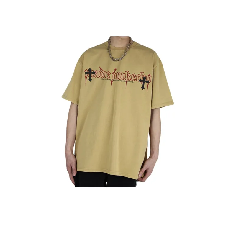 Vintage Cross Printed Washed Short sleeved T shirt-14