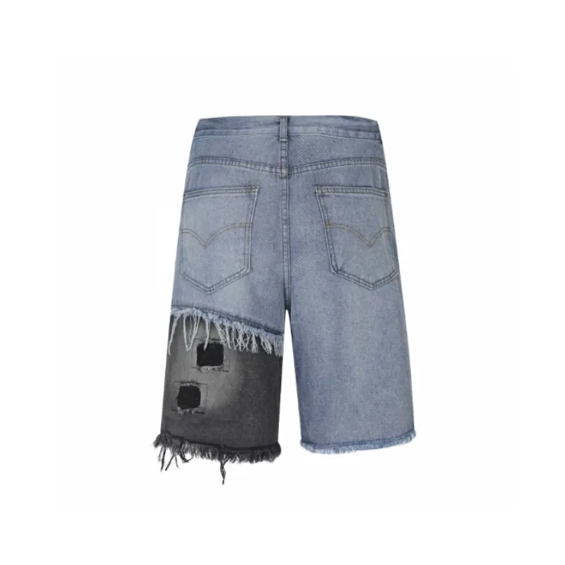 Stitching Color matching Ragged Cat beard Denim Shorts-1