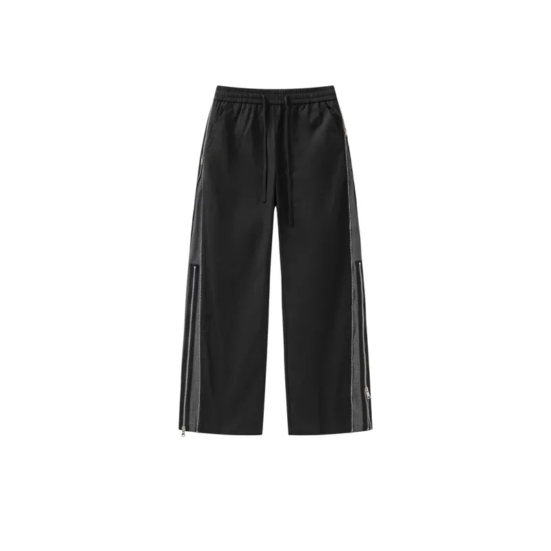 High Street Double Layer Zipper Contrast Color Wide Leg Straight Pants-3