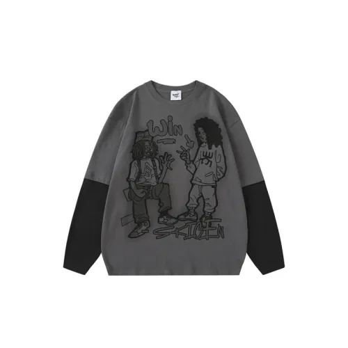 Retro Cartoon Printing Niche Design Contrast Color Stitching Fake Two piece Long sleeved Crewneck T shirt