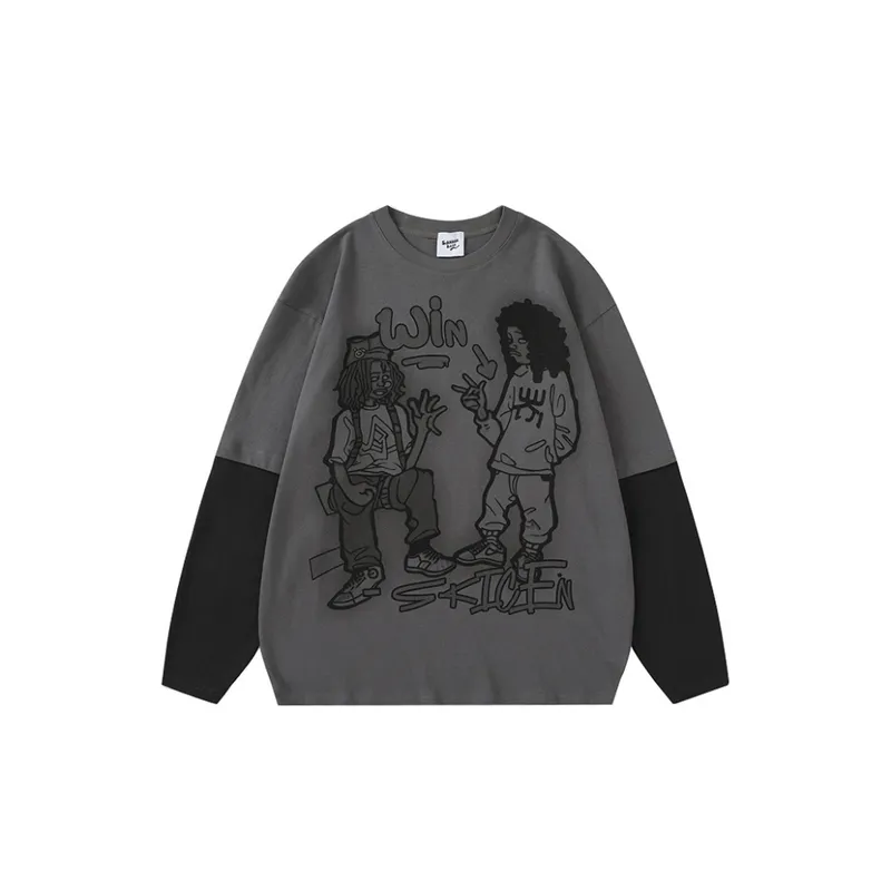 Retro Cartoon Printing Niche Design Contrast Color Stitching Fake Two piece Long sleeved Crewneck T shirt-6