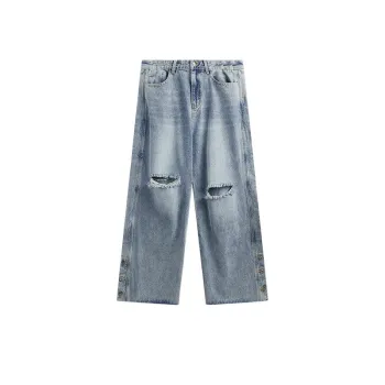 Ripped Washed Wide Leg Jeans Spring And Summer New Trendy Brand Street Distressed Distinctive Trousers