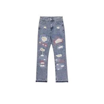 Patch Ripped Micro flared High Street Embroidered Loose Hip hop Jeans