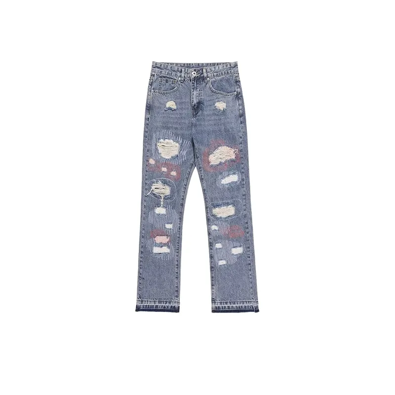 Patch Ripped Micro flared High Street Embroidered Loose Hip hop Jeans-0