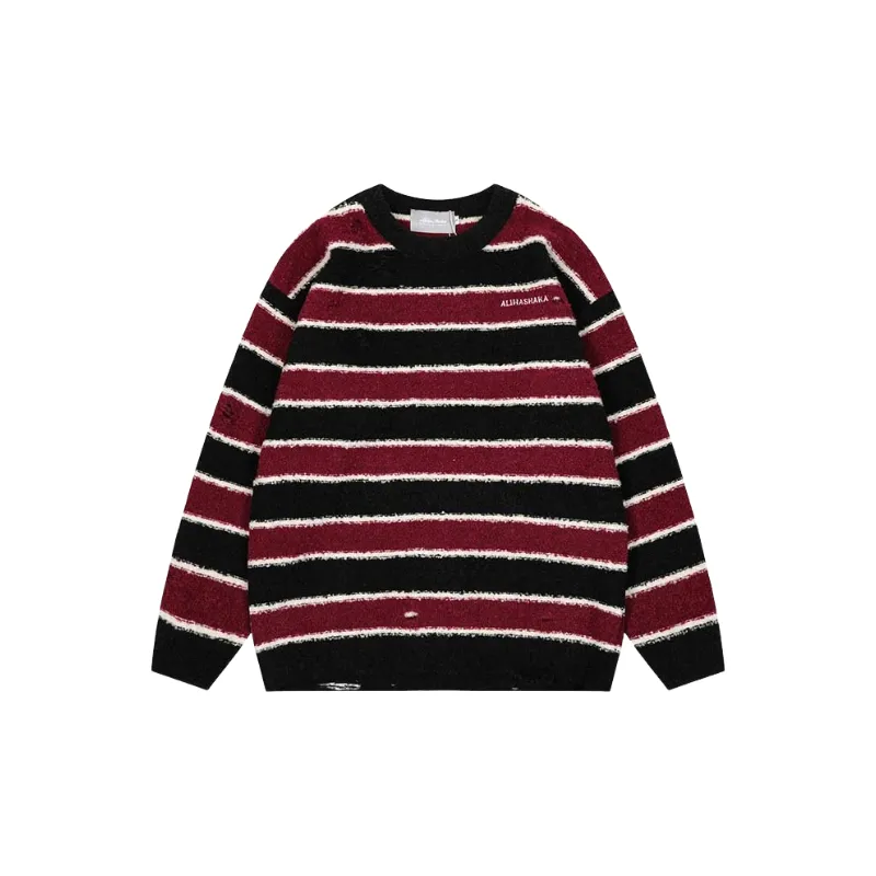 Striped Contrast Color Blended Synthetic Fabrics Sweater-0
