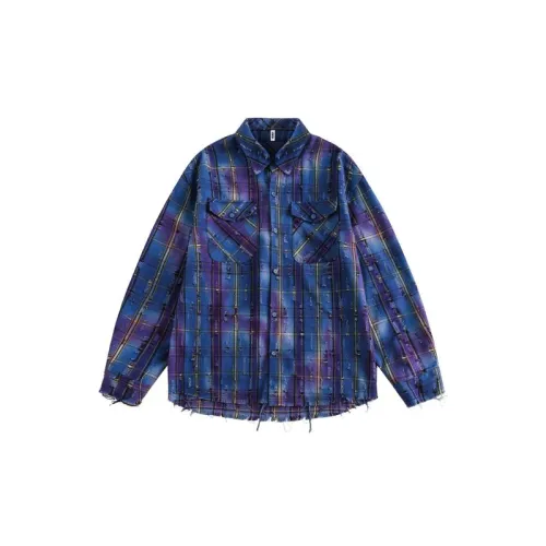 Retro Blue Contrast Color Stitching Rave Destruction Plaid Long Sleeves Shirts