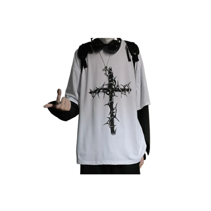 Dark Hip Hop Printed Fake Two Piece Long Sleeved T Shirt-3