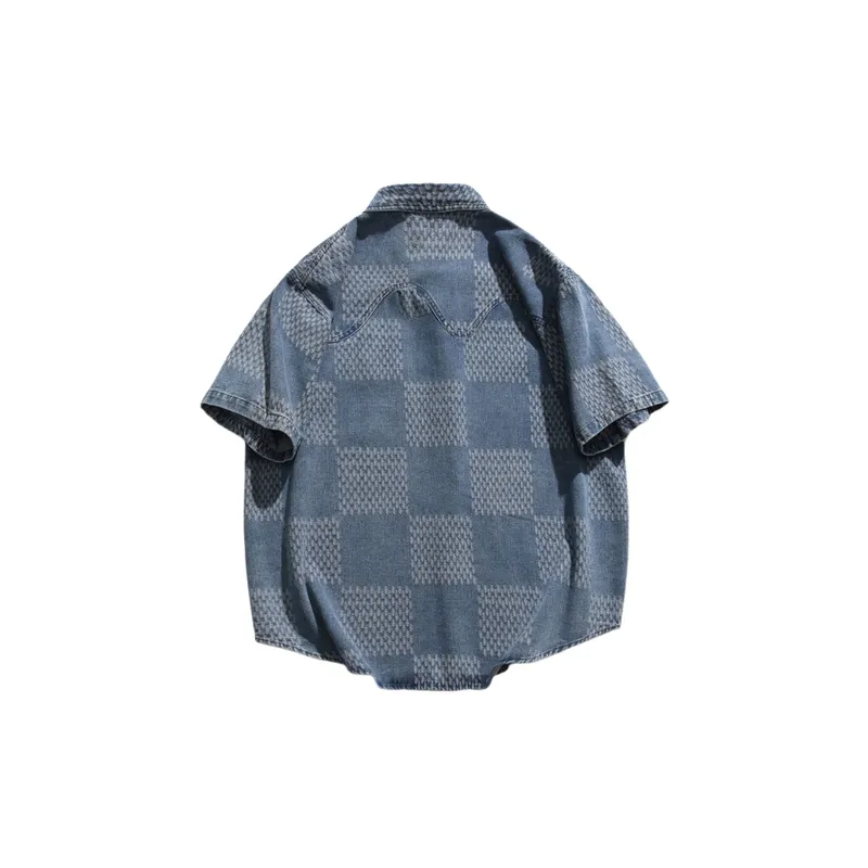 Retro Denim Plaid Short Sleeved Shirt-5