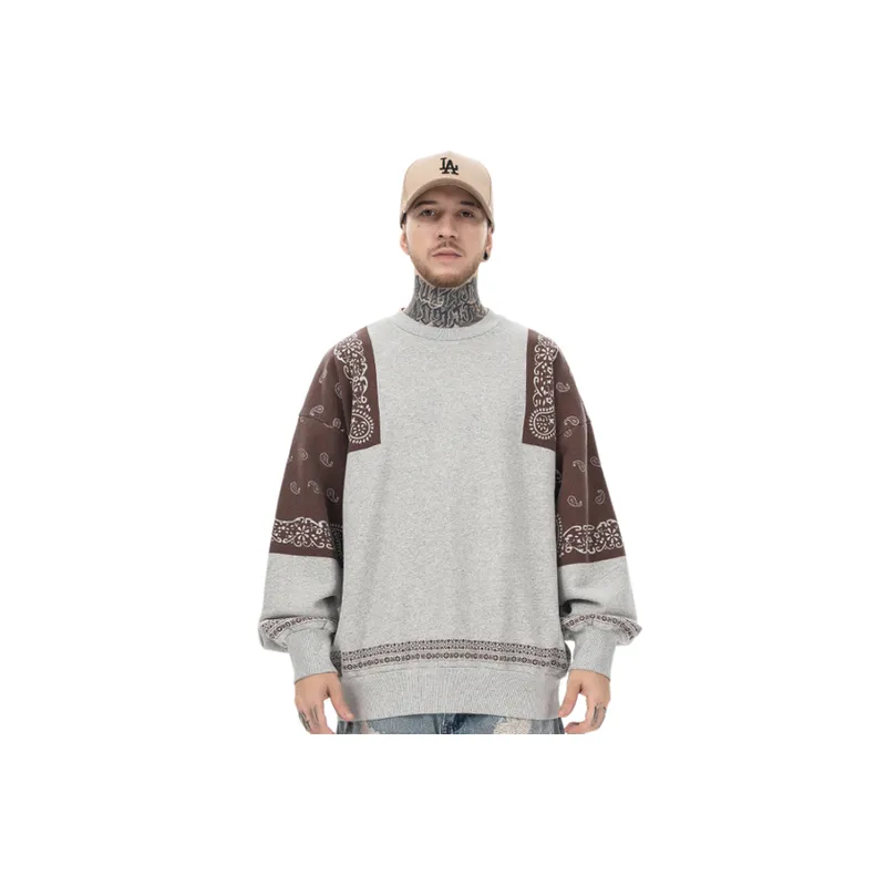 New Fashion Brand Retro Cashew Flower Stitching and Velvet Crewneck Loose Sweatshirt-2