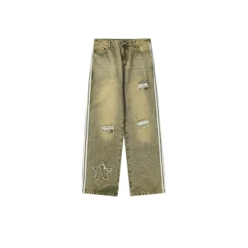 Loose Straight Striped Patch Jeans
