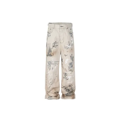 Hand-painted Graffiti Wash Water Old Straight Tube Loose-fit Jeans