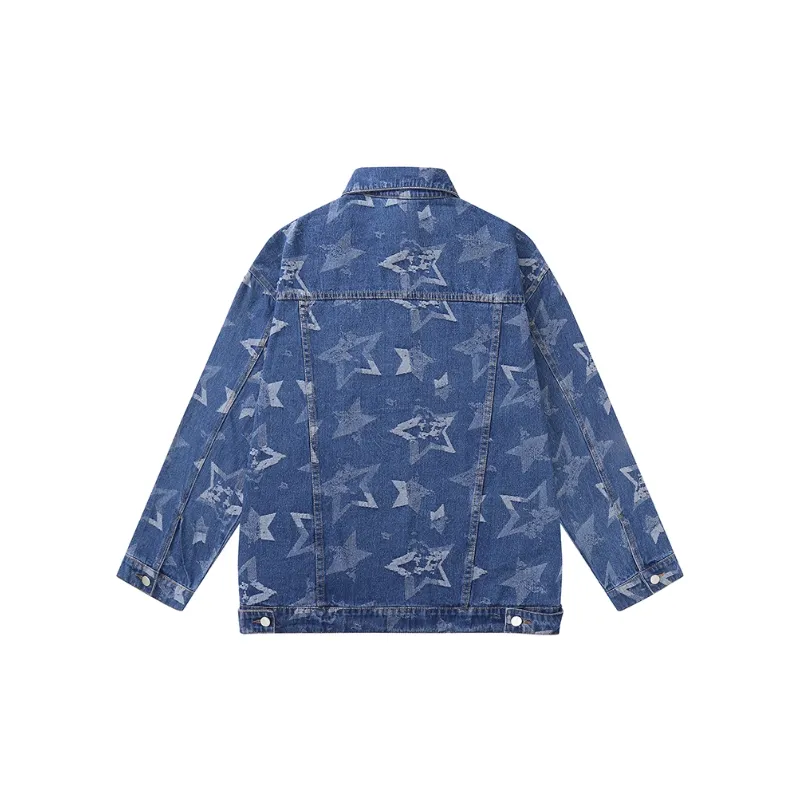 HELIPORT Apron Washed Vintage Star Print Lapel Loose Casual Relaxed High Street Denim Coat-1