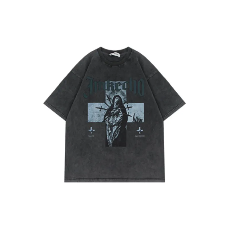 Retro Antique Washed Cross Figure Print T shirt-8