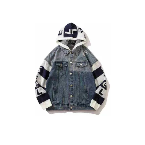 New Stitching Contrast Color Knitted Hooded Denim Jacket swag OOTD