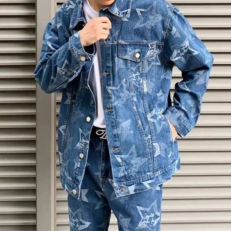 HELIPORT Apron Washed Vintage Star Print Lapel Loose Casual Relaxed High Street Denim Coat-2