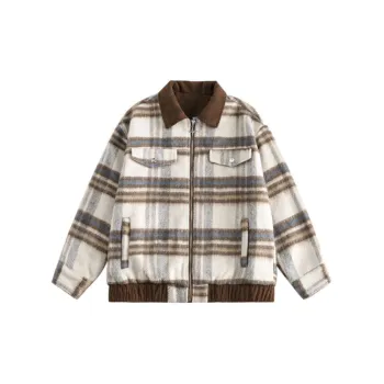 Loose Design Sense Plaid Jacquard Laps Zipper Cardigan Fashionable Jacket