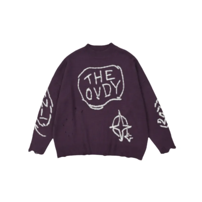 Trendy Embroidered Letters Ripped Crewneck Loose Knitted Sweater-6
