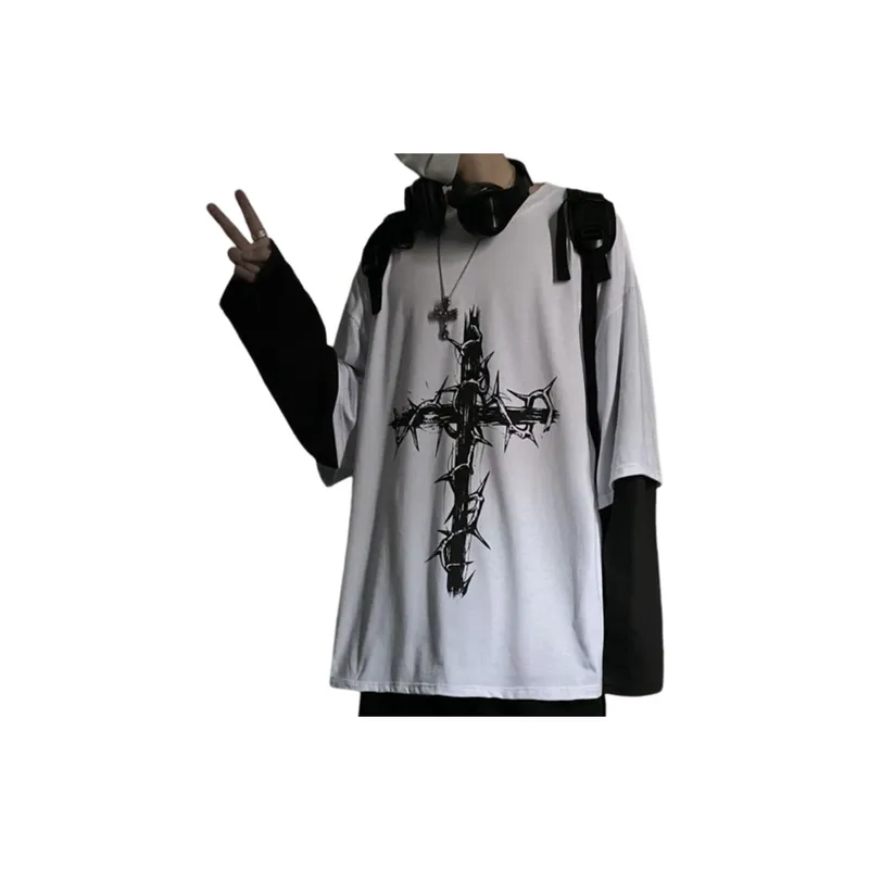 Dark Hip Hop Printed Fake Two Piece Long Sleeved T Shirt-4
