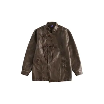 Slant Placket Button Leather Jacket