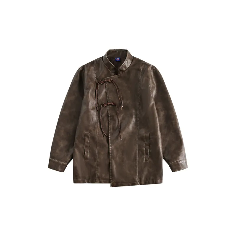 Slant Placket Button Leather Jacket-0