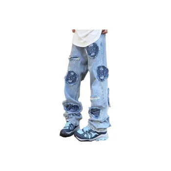 Retro Washed Ripped Jeans Embroidered Tape Street Vibe