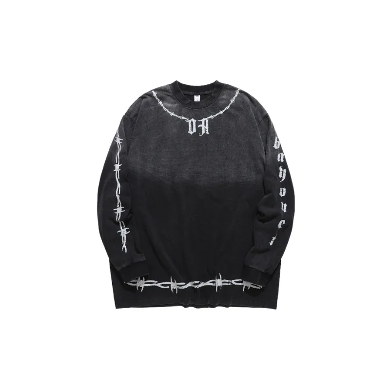 Retro Wash Contrast Color Loose Long Sleeve T Shirt-0