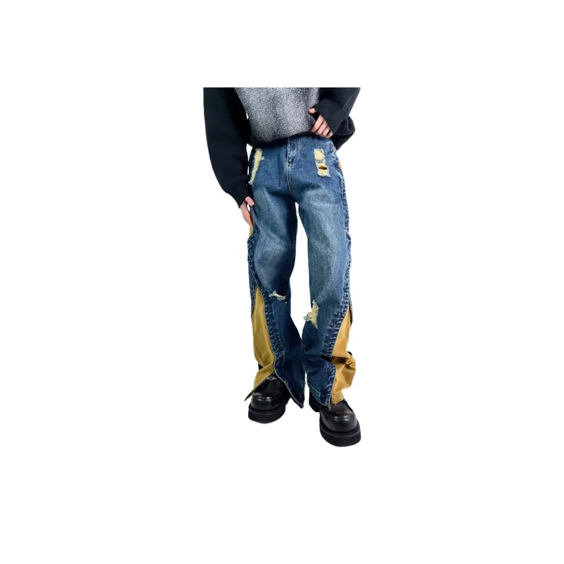 Patchwork Contrast Washed Jeans-2