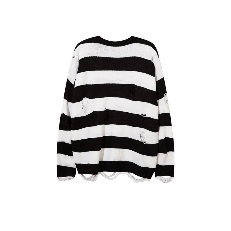 New Striped Hole Vintage High Street All match Loose Sweatshirt-1