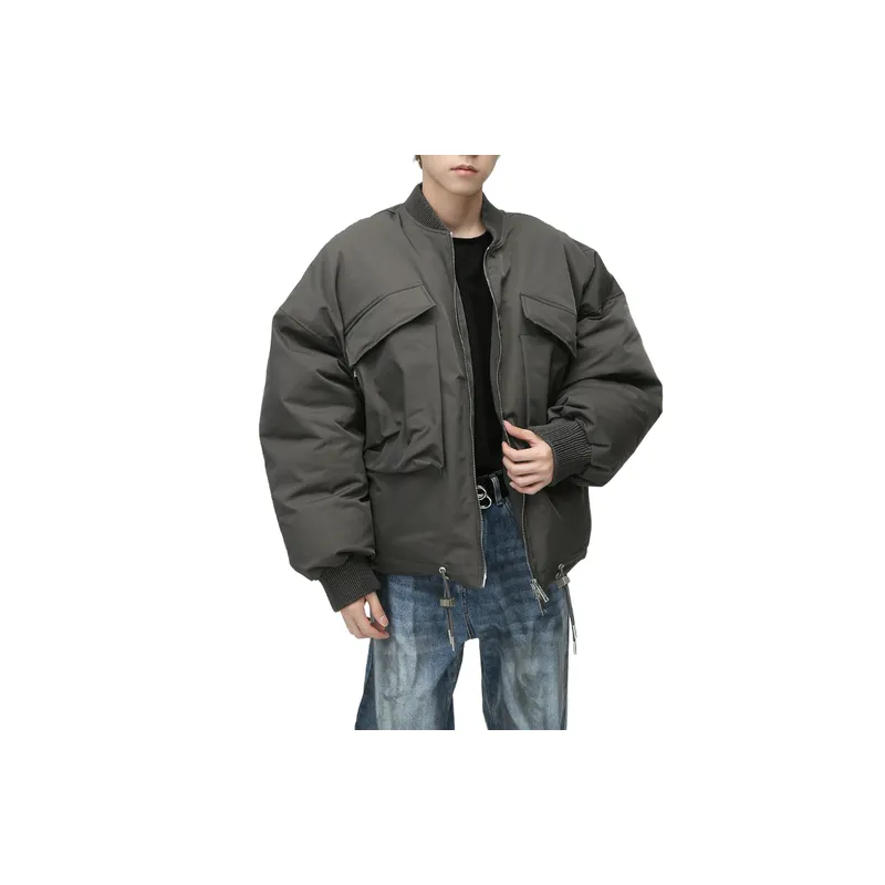 Loose Simple Multi pocket Zipper Cotton padded Coat-5