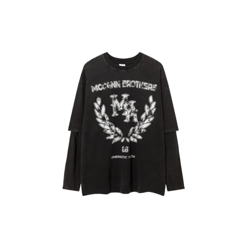 Retro Washed Old Printed Fake Two piece Long sleeved T shirt-4