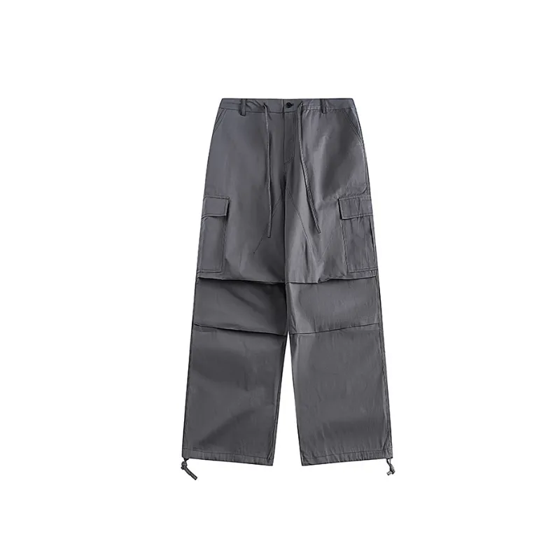 Retro Solid Color Pocket Decorative Straight Casual Pants