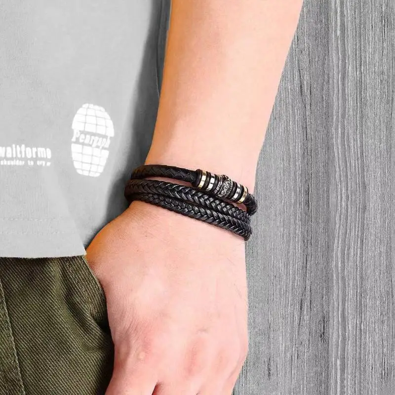 Vintage Stainless Steel Hand Woven Leather Bracelet-1