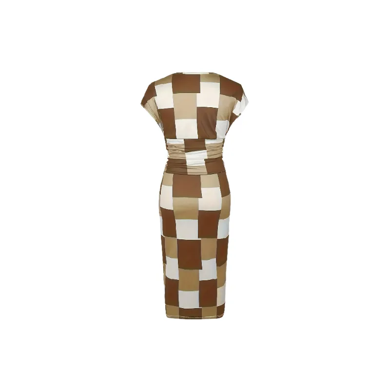 Elegant Plaid Polyester Dress Women-1