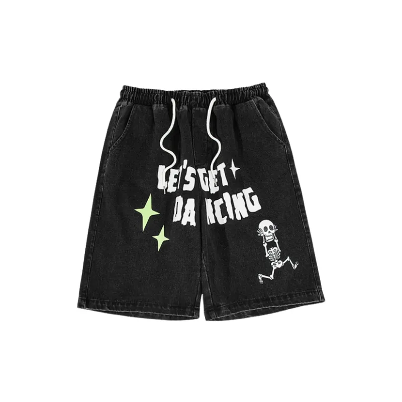 Straight Loose Skull Print Denim Shorts-2