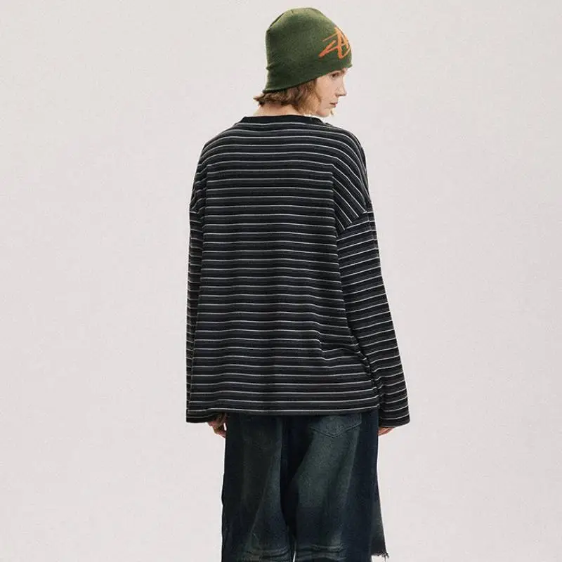 Retro Striped Blended Synthetic Fabrics T Shirt-3